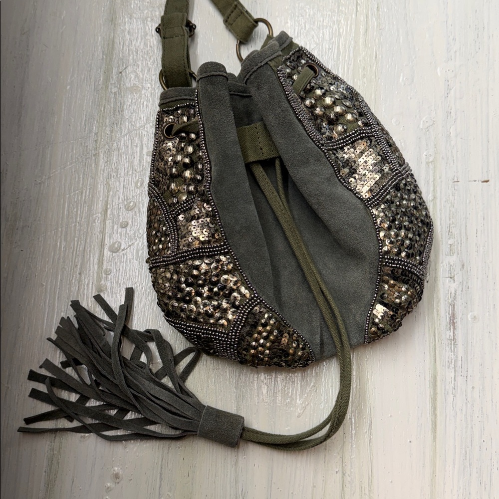 Indie Boho Gold Beaded Olive Leather/Canvas Crossbody Satchel Fringe Drawstring - Picture 8 of 14
